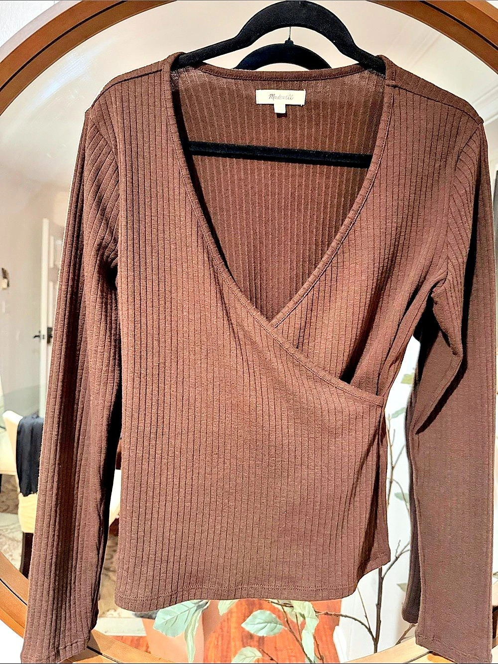 Madewell Ribbed Wrap Long Sleeve Top in Brown Size Medium